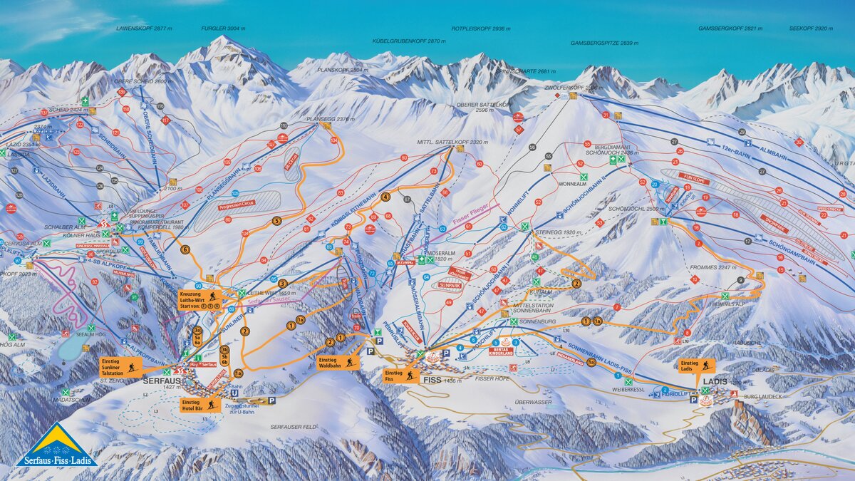 Informationstafel u den Pistenskitouren im Skigebiet Serfaus-Fiss-Ladis | © Serfaus-Fiss-Ladis Marketing GmbH