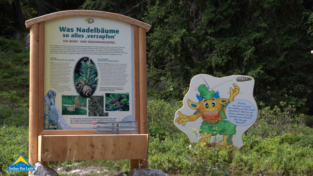 Infotafel mit Erklärungen zu Nadelbäumen und einem Wurfspiel, daneben eine Comic-Figur einer Kuh mit grünem Hut und Hose | © Serfaus-Fiss-Ladis Marketing GmbH