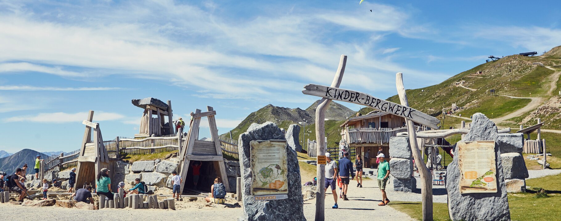 Families explore the adventurous Children's Mine at the Schönjochbahn in Fiss, surrounded by alpine scenery | © Andreas Kirschner