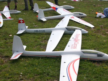 Mehrere weiße Modellsegelflugzeuge mit Schweizer Flagge auf einer grünen Wiese in Serfaus-Fiss-Ladis, im Hintergrund Menschen und Ausrüstung | © Serfaus-Fiss-Ladis Marketing GmbH