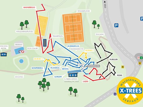 Karte des Waldseilparks X-Trees Serfaus mit markierten Parcours und Attraktionen | © Wandseilpark Serfaus-Fiss-Ladis