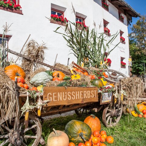 Festlich dekorierter Erntewagen mit Kürbissen, Mais und Blumen beim Genussherbst in Serfaus-Fiss-Ladis | © Serfaus-Fiss-Ladis Marketing GmbH | Andreas Kirschner