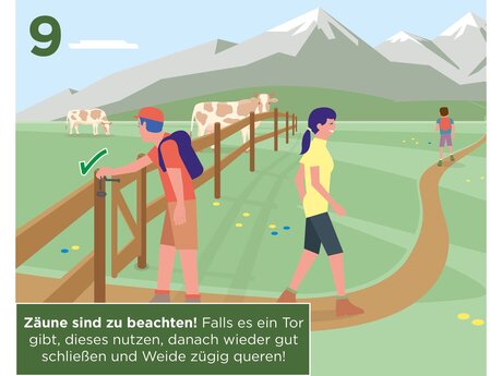 Zäune sind zu beachten. Falls es ein Tor gibt, dieses nutzen, danach wieder gut schließen und Weide zügig queren | © Serfaus-Fiss-Ladis Marketing GmbH