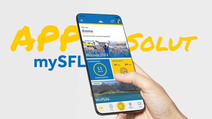 Smartphone mit geöffneter mySFL-App in einer Hand, die aktuelle Informationen zu Wetter, geöffnete Anlagen und Events in Serfaus-Fiss-Ladis anzeigt | © Serfaus-Fiss-Ladis Marketing GmbH