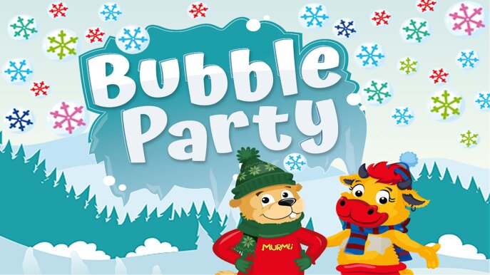 Illustration der Bubble Party mit Murmli, dem Maskottchen aus Serfaus-Fiss-Ladis, und einer bunten Kuhfigur vor winterlicher Landschaft | © Serfaus-Fiss-Ladis Marketing GmbH