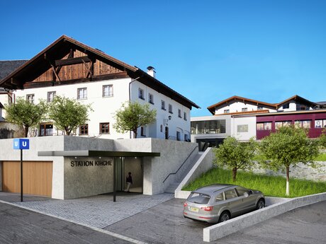 Grafik der neuen Station Kirche mit Eingang in der Kirchgasse in Serfaus Fiss Ladis | © Seilbahn Komperdell GmbH