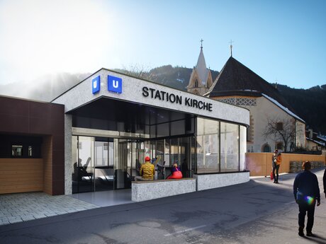 Grafik der neuen Station Kirche mit Eingang bei der Dorfbahnstraße in Serfaus | © Seilbahn Komperdell GmbH