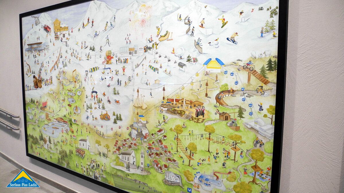 Eine Zeichnung von Serfaus im Sommer und im Winter verschönert die neue U-Bahn Station Zentrum in Serfaus in Tirol | © Serfaus-Fiss-Ladis