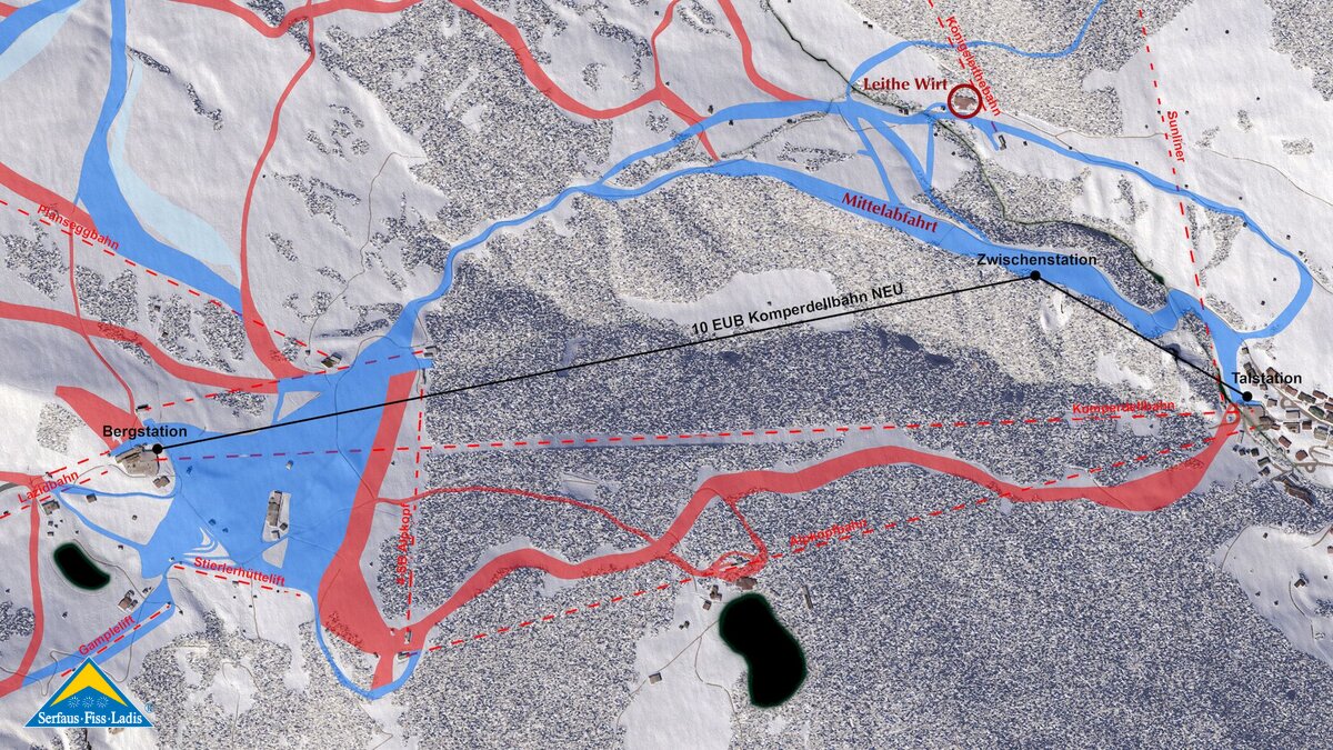 Neue Trassenverlauf der Komperdellbahn mit Zwischenstation Baublog Serfaus-Fiss-Ladis in Tirol | © Seilbahn Komperdell GmbH