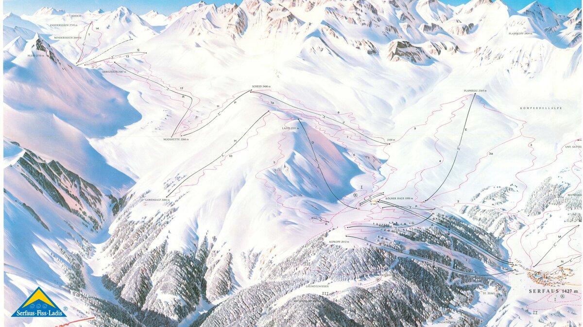Pistenplan aus dem Jahr 1981/82 aus dem Skigebiet Serfaus-Fiss-Ladis in Tirol | © Serfaus-Fiss-Ladis