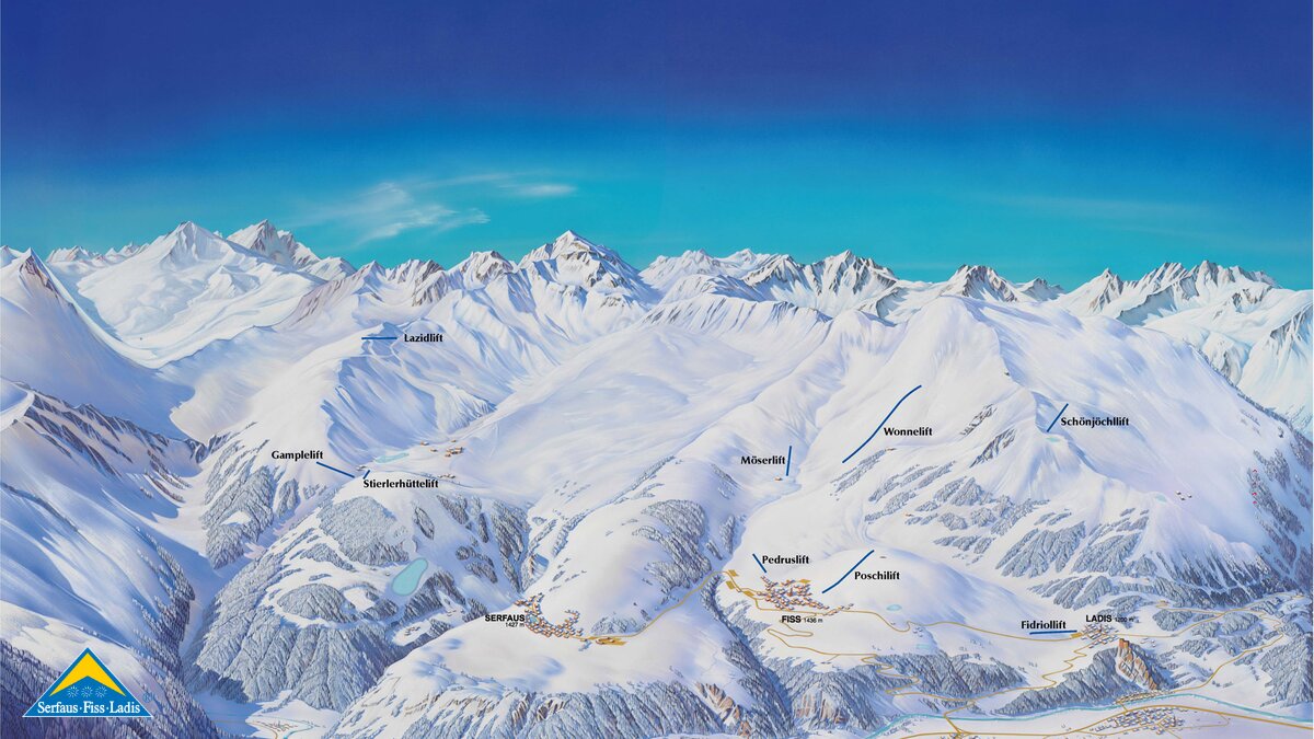 Eine Übersicht an Schleppliften im Skigebiet Serfaus-Fiss-Ladis | © Serfaus-Fiss-Ladis