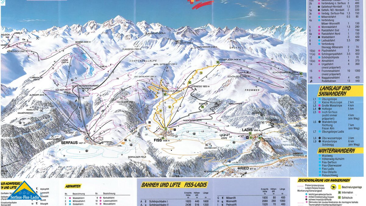 Pistenplan 1989/90 aus dem Skigebiet Serfaus-Fiss-Ladis in TIrol | © Serfaus-Fiss-Ladis
