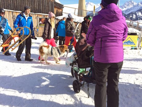 Mit dem Kinderwagen durch den Schnee. Spaß für Groß und Klein in Serfaus-Fiss-Ladis in Tirol | © Serfaus-Fiss-Ladis