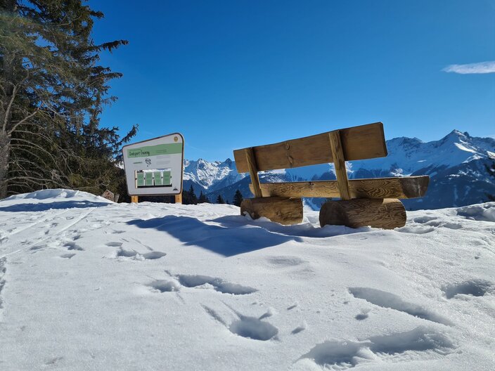 Eine Bank mit tollem Ausblick auf die umliegende Bergwelt von Serfaus-Fiss-Ladis, direkt am Fisser Kraft- und Sinnesweg gelegen, der mit spannenden Stationen für die ganze Familie aufwartet in Tirol Österreich | © Serfaus-Fiss-Ladis Marketing GmbH