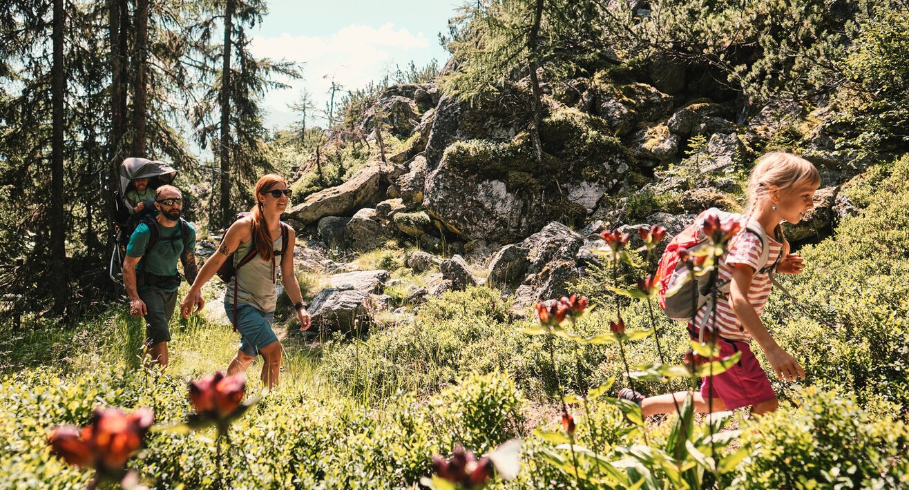 Wandern mit der ganzen Familie im Naturdenkmal Fisser Gonde in der familienfreundlichen Urlaubsregion Serfaus-Fiss-Ladis in Tirol in Österreich. | © Serfaus-Fiss-Ladis Marketing GmbH I christianwaldegger.com