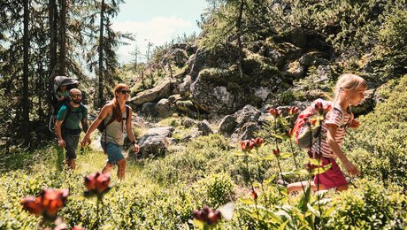 Wandern mit der ganzen Familie im Naturdenkmal Fisser Gonde in der familienfreundlichen Urlaubsregion Serfaus-Fiss-Ladis in Tirol in Österreich. | © Serfaus-Fiss-Ladis Marketing GmbH I christianwaldegger.com