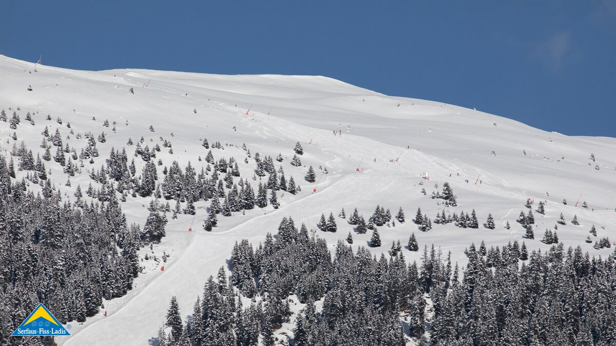 Die Frommesabfahrt im Skigebiet Serfaus-Fiss-Ladis in Tirol Österreich 7 Kilometer lange Abfahrt | © Serfaus-Fiss-Ladis Marketing GmbH | Andreas Kirschner
