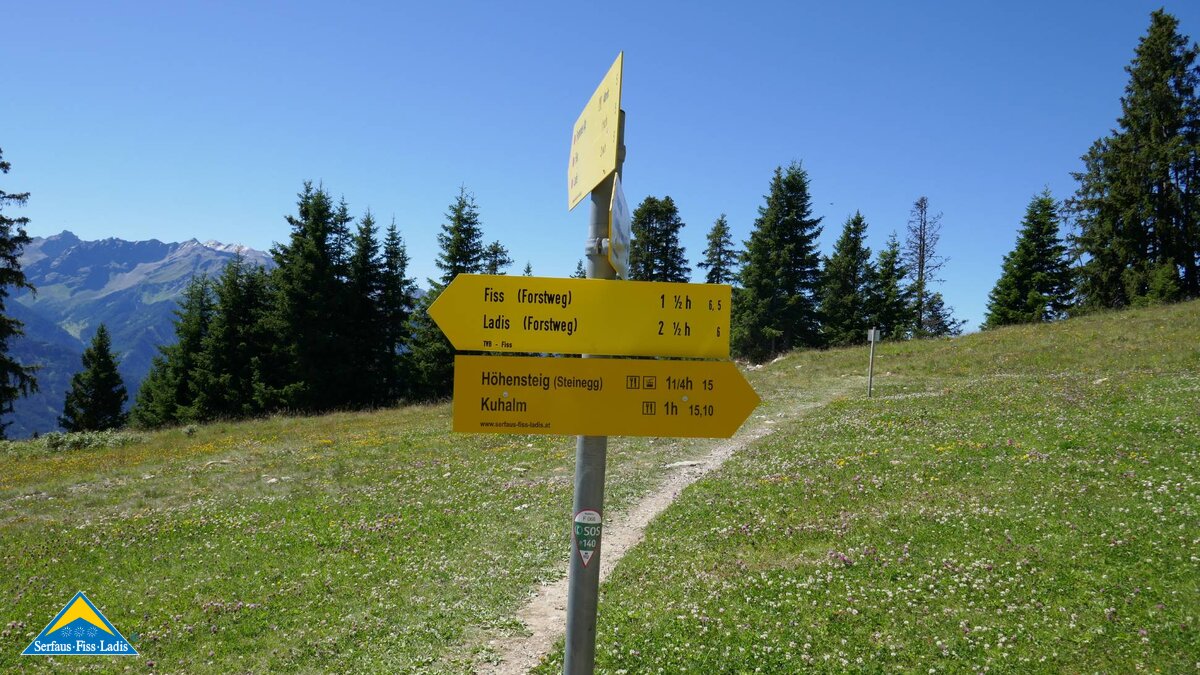 Wegweiser zur Kuh Alm Fiss in Serfaus-Fiss-Ladis in Tirol | © Serfaus-Fiss-Ladis Marketing GmbH