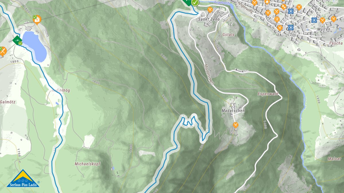 Wanderkarte mit eingezeichneter Route vom Startpunkt bei Serfaus über den Waldweg bis zum Högsee. | © Serfaus-Fiss-Ladis Marketing GmbH