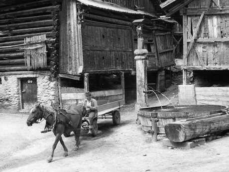Brunnen in Fiss Bauer mit Fuhrwerk Dorfführung Siegfried Krismer Familienregion Serfaus-Fiss-Ladis Tirol | © Gemeindearchiv Fiss