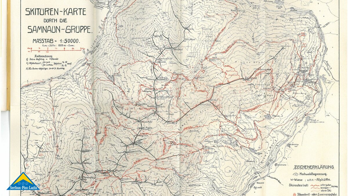 Alte Skitourenkarte von Serfaus Fiss Ladis Skiführere vom Hotel Obladis Blog Pistenpläne von ameah | © Johann Kirschner