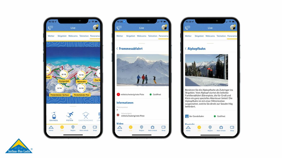 Interaktiver Pistenplan mit geöffneten Anlagen, Restaurants und Loipen auf dem Smartphone Skigebiet Serfaus-Fiss-Ladis in Tirol | © Serfaus-Fiss-Ladis Marketing GmbH