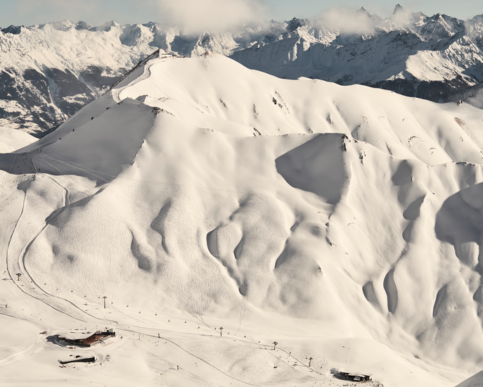 Blick vom Masnerkopf auf Skihütte Masner im Skigebiet Serfaus-Fiss-Ladis in Tirol | © Serfaus-Fiss-Ladis Marketing GmbH