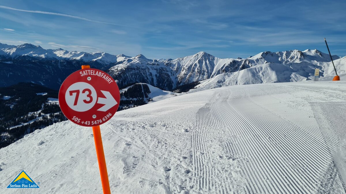 Sattelabfahrt in Fiss im Skigebiet Serfaus-Fiss-Ladis in Tirol | © Serfaus-Fiss-Ladis Marketing GmbH