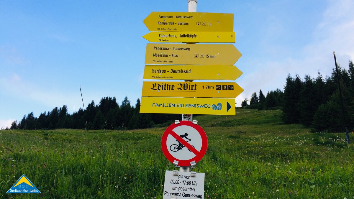 Beschilderung des Wanderweges zum Leithe Wirt in Serfaus-Fiss-Ladis in Tirol | © Serfaus-Fiss-Ladis