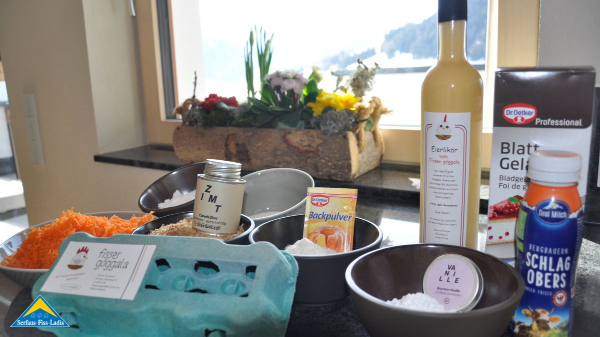 Zutaten Karottenkuchen Einfache Anleitung Rezepttipp Ferienregion Serfaus-Fiss-Ladis in Tirol | © Serfaus-Fiss-Ladis Marketing GmbH