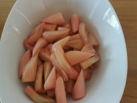 Nachspeise mit Rhabarber einfaches Frühlingsdessert mit Topfencreme Mürbteigboden Rezepttipp Lisa Oestreich Familienregion Serfaus-Fiss-Ladis in Tirol | © Serfaus-Fiss-Ladis Marketing GmbH