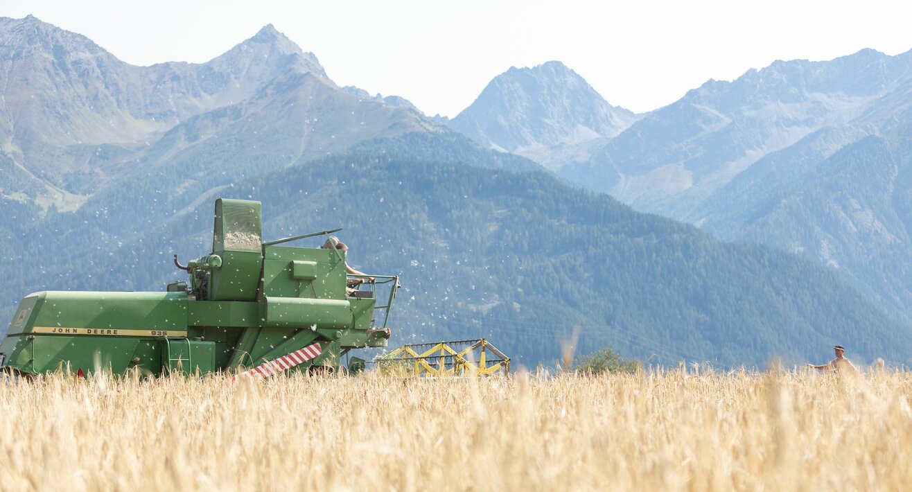 Getreideernte Einsatz Mähdrescher Fisser Imperial Gerste Urkorn Serfaus-Fiss-Ladis | © Serfaus-Fiss-Ladis Marketing GmbH | Andreas Kirschner