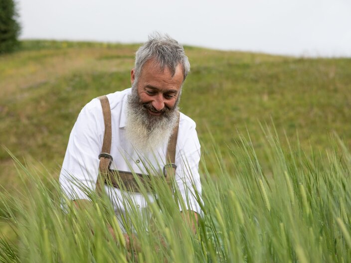 Bauern in einem Getreidefeld in der Familienregion Serfaus-Fiss-Ladis Fisser Imperial Gerste | © Serfaus-Fiss-Ladis Marketing GmbH | Andreas Kirschner