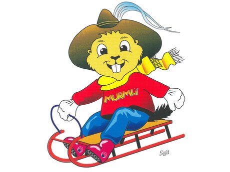 Murmli auf einer Rodel erste bunte Illustration vom Serfauser Maskottchen Familienregion Serfaus-Fiss-Ladis in Tirol | © Seilbahn Komperdell GmbH