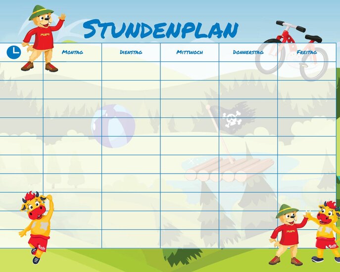 Stundenplan mit Maskottchen Murmli und Berta Familienregion Serfaus-Fiss-Ladis | © Serfaus-Fiss-Ladis