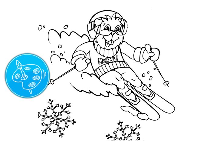 Blog Ausmalbild Murmli beim Skifahren Winter Urlaubsregion Serfaus-Fiss-Ladis in Tirol | © Serfaus-Fiss-Ladis Marketing GmbH