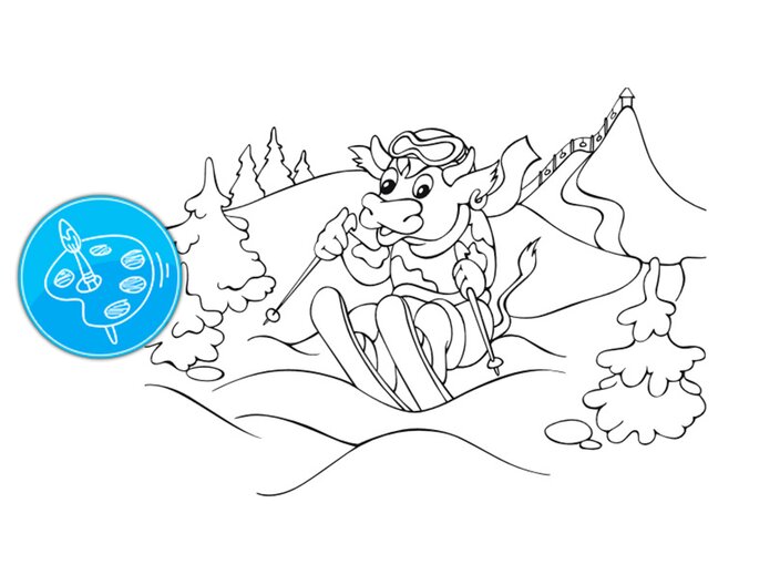 Malvorlage Berta die Kuh beim Skifahren Familienregion Serfaus-Fiss-Ladis in Tirol | © Serfaus-Fiss-Ladis Marketing GmbH