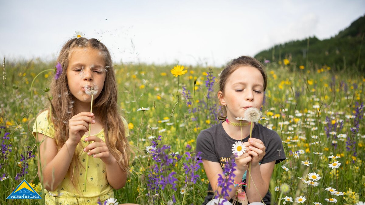 Mädchen in der bunten Bergwiese mit Pusteblumen in Serfaus-Fiss-Ladis in Tirol | © Serfaus-Fiss-Ladis Marketing GmbH | Andreas Kirschner