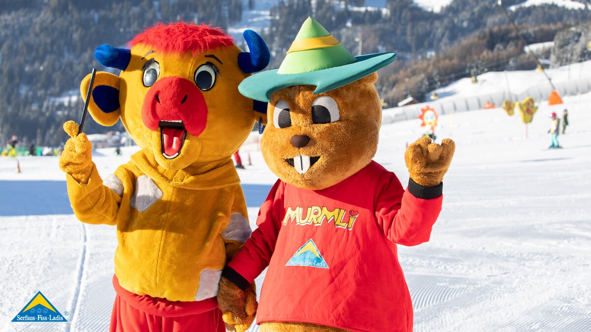 Maskottchen Murmli und Berta im Winter in Serfaus-Fiss-Ladis in Tirol | © Serfaus-Fiss-Ladis Marketing GmbH | Andreas Kirschner